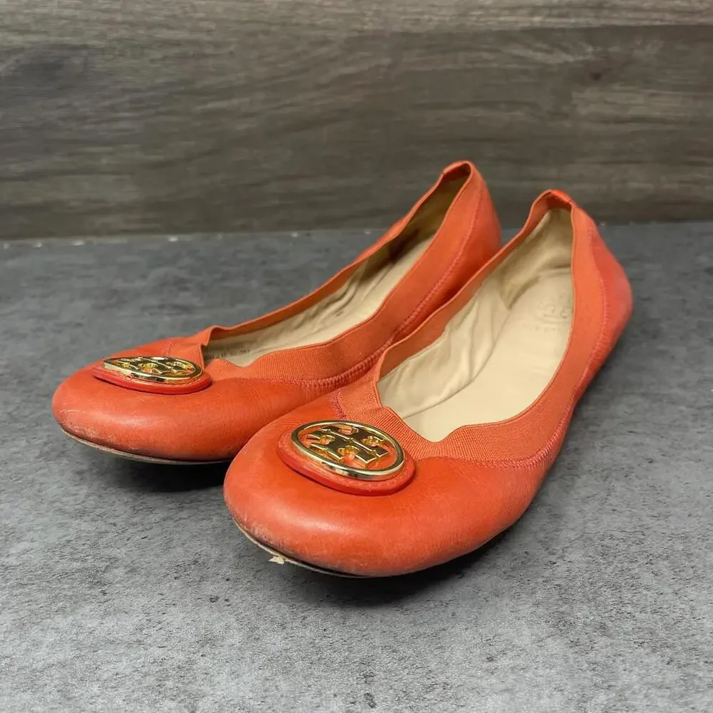 Tory Burch Flats Womens Size 7 Minnie Ballet Orange Leather Slip On Shoes